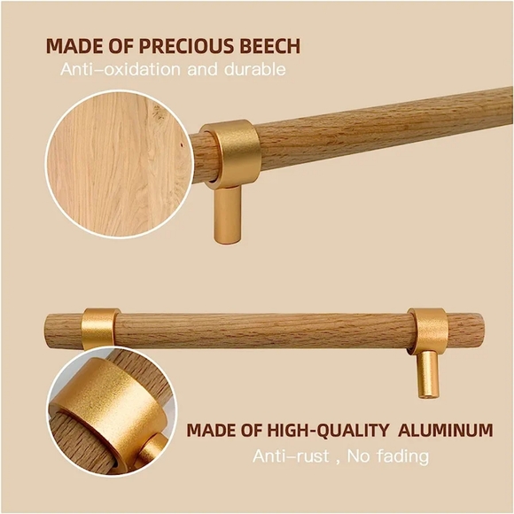 NWOT- 5PCS-Modern Beech Wood and Rose Gold Drawer/Cabinet Pulls Handles - Picture 2 of 5